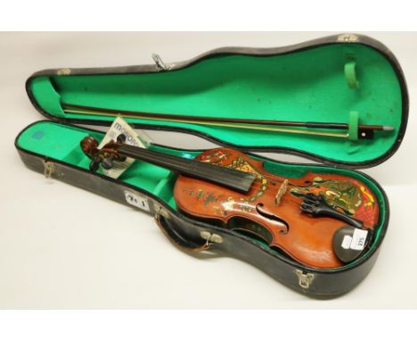 Mid-late c20th violin with painted decoration in a Celtic style, purportedly by Scottish miniaturist "John Nieves" 