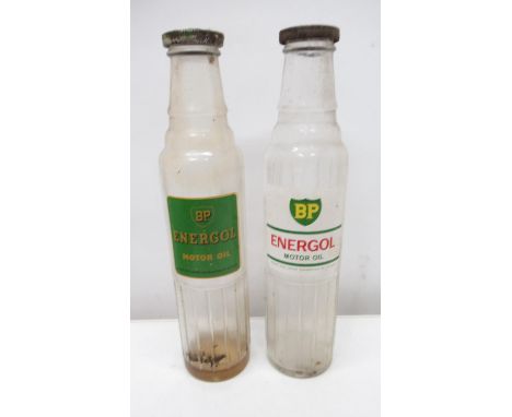 Two BP Energol oil bottles, both with bottle caps 