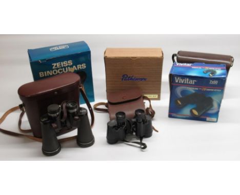 Boxed Vivitar 7x50 binoculars with UV coated optics, boxed Pathescope 10x50 ZCF binoculars, boxed Carl Zeiss Jenoptem 10x50 b
