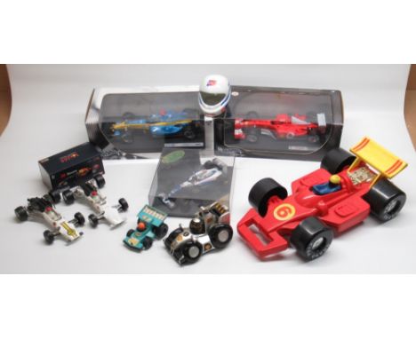 Hot Wheels Racing 1:18 scale Renault and Ferrari F1 team cars, Bburago 1:43 scale Max Verstappen Aston Martin/Red Bull Racing