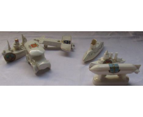 Collection of Shelly china and Carltonware crested china WW1 vehciles incl. ambulance, submarines, battleship, zeppelin and a