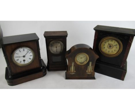 Victorian polished black slate and marble mantle clock H23.5cm, Victorian walnut and ebonised mantel clock H20cm, both with s