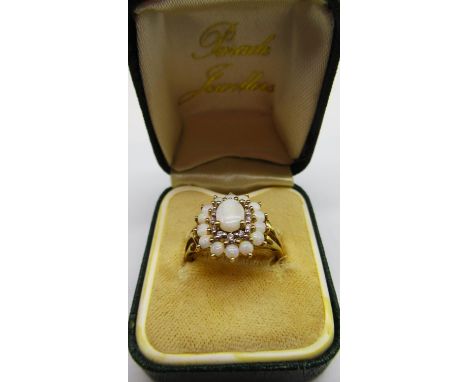 9ct yellow gold opal and diamond cluster ring, stamped 9k, size P, 3.1g 