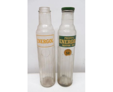 Two Price's Energol glass oil bottles, one with a BP Energol bottle cap 
