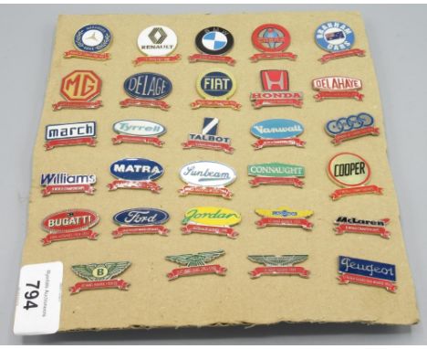 Collection of car related lapel badges inc. Aston Martin, Bentley, Sunbeam, Williams, Ford, Bugatti, MG, Jaguar, Connaught, C