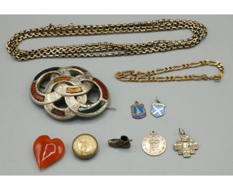 C20th Scottish hardstone brooch with pendant hanger, white metal muff chain and other jewellery (qty) 
