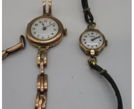 Ladies 9ct gold hallmarked Rotary wristwatch, octagonal case with Arabic dial on leather strap, another with circular case st