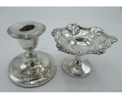 Edw. VII silver dwarf candlestick, weighted base, H8.5cm, Birmingham 1907, early C20th silver pedestal bon bon dish with pier