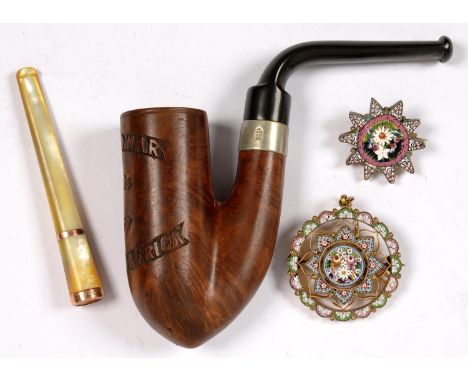 A MICRO MOSAIC AND GILTMETAL PENDANT, A SIMILAR STAR BROOCH, A 9CT GOLD MOUNTED MOTHER OF PEARL LADY'S CIGARETTE HOLDER AND A
