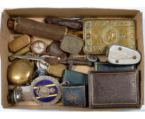 MILITARIA. CHRISTMAS 1914 TIN, A 19TH C BRASS REFRACTING TELESCOPE, A BRASS LAMP, CHROMIUM PLATED METAL AND ENAMEL CAR RADIAT