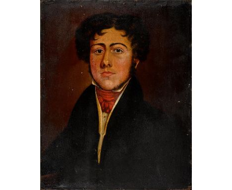 19TH C SCHOOL, PORTRAIT OF A GENTLEMAN WITH RED CRAVAT, OIL ON BOARD, UNFRAMED, 59 X 48CM 
