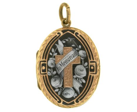 AN ENAMEL AND GOLD FACED MOURNING LOCKET, WITH FOLIATE CHASING, INSCRIBED HK 