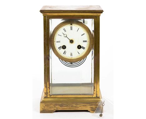 A FRENCH GILT BRASS FOUR GLASS MANTEL CLOCK WITH ENAMEL DIAL AND GONG STRIKING MOVEMENT, 25CM H, LATE 19TH C 