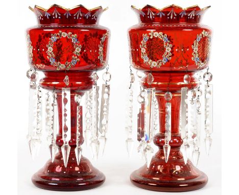 A PAIR OF VICTORIAN ENAMELLED AND GILT RUBY GLASS LUSTRES, 37CM H, LATE 19TH C 