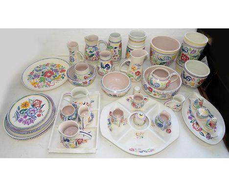 AN EXTENSIVE COLLECTION OF POOLE POTTERY, INCLUDING VASES, JARDINIERES, DINNER WARE, ETC 