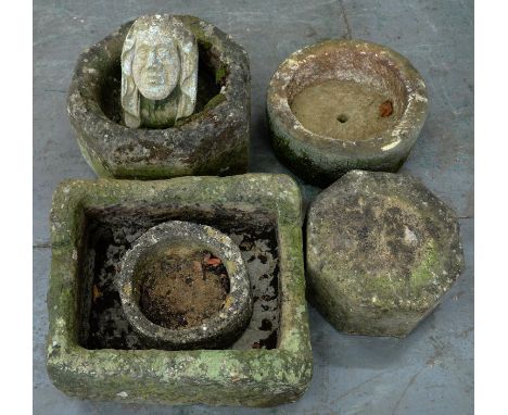 A 19TH C GRITSTONE TROUGH, 22CM H X 48CM AND FOUR OTHERS SMALLER 