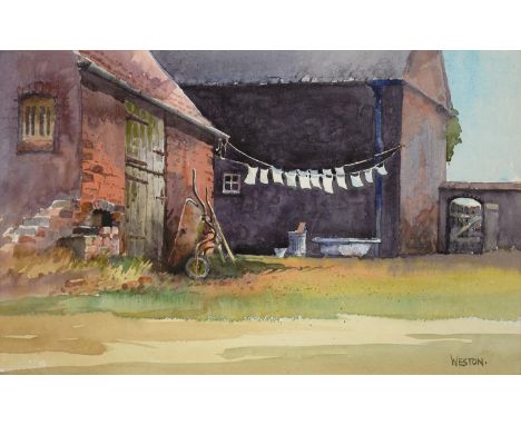 DAVID WESTON, YARD IN KIRKBY BELLARS, SIGNED, WATERCOLOUR, VENETIAN BALCONY, SIGNED, WATERCOLOUR, A SOMERSET FARM, SIGNED, WA