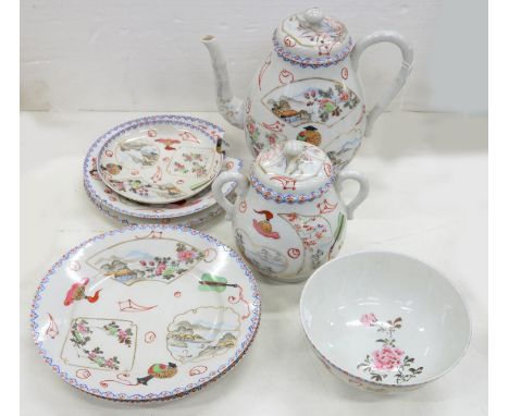 A JAPANESE PORCELAIN TEA SERVICE DECORATED WITH FAN SHAPED LANDSCAPE AND FLORAL PANELS, EARLY 20TH C 