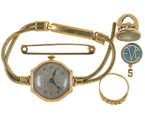 A GEORGIAN 18CT GOLD RING, SIZE K, 3.5G, A ROLEX 9CT GOLD LADY'S WRISTWATCH ON GOLD PLATED BRACELET, A 9CT GOLD PIN, 1.5G, A 