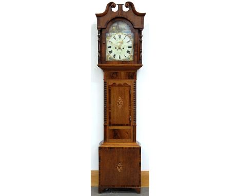 A VICTORIAN INLAID OAK AND MAHOGANY EIGHT DAY LONGCASE CLOCK, THE PAINTED BREAK ARCHED DIAL INSCRIBED PEARCE BOURN, WITH SWAN