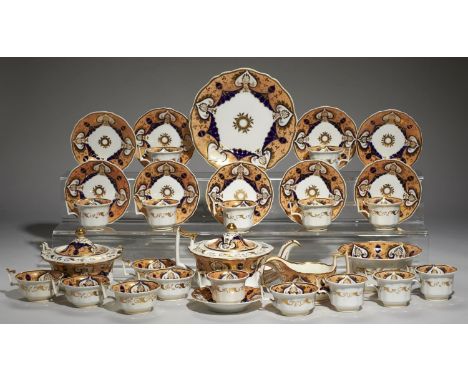 A JOHN RIDGWAY TEA AND COFFEE SERVICE, C1825, DECORATED WITH ANTHEMION AND FOLIAGE IN BLUE AND SALMON PINK, TEAPOT, COVER AND