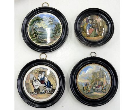 FOUR F&amp;R PRATT COLOUR PRINTED POT LIDS, 12.5CM D AND SMALLER, ALL C1860, EBONISED FRAMES 