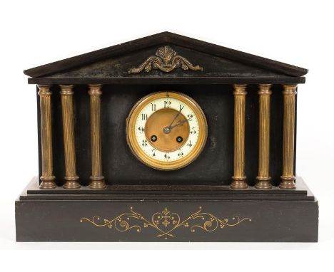A FRENCH BRASS MOUNTED SLATE MANTEL CLOCK IN THE FORM OF A CLASSICAL TEMPLE, THE DIAL WITH PRIMROSE ENAMEL CHAPTER RING, GONG