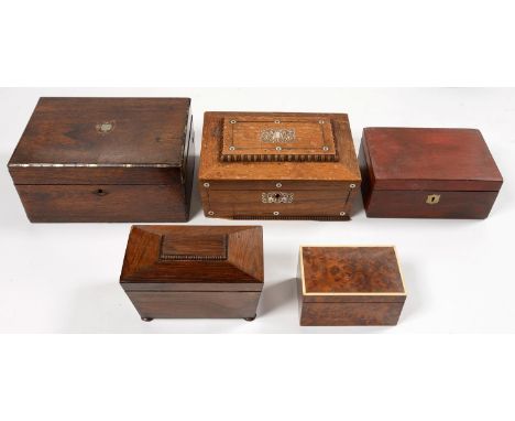 A VICTORIAN MOTHER OF PEARL INLAID ROSEWOOD WORK BOX, A ROSEWOOD TEA CADDY OF SARCOPHAGUS SHAPE AND THREE VARIOUS OTHER BOXES