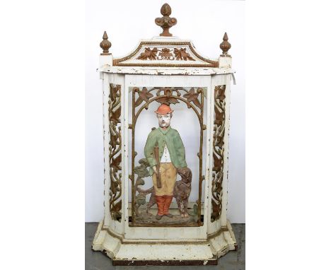A VICTORIAN CAST IRON FARMER AND DOG STICK STAND, 77CM H X 46CM W REPAIRED 