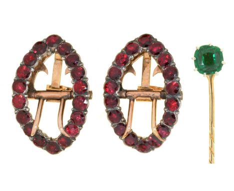 A PAIR OF GARNET EARRINGS IN GOLD AND SILVER, ADAPTED FROM BREECHES BUCKLES, AND A PASTE SET GOLD STICK PIN 