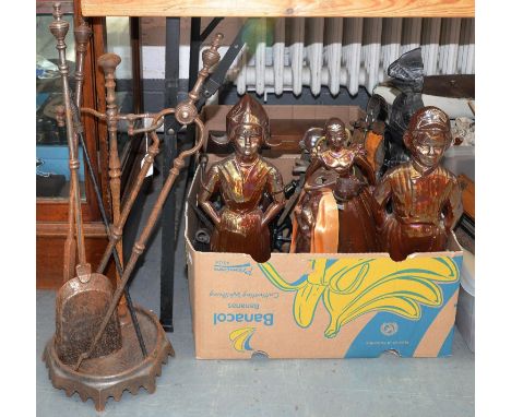 A SET OF STEEL FIRE IRONS ON STAND, MISCELLANEOUS OTHER FIGURAL FIRE IRONS, WOODEN TRINKET BOXES, ETC 