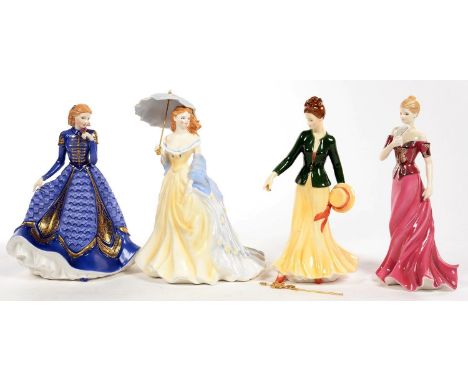 FOUR ROYAL WORCESTER FIGURES OF YOUNG WOMEN, 24CM H AND CIRCA, PRINTED MARKS, GILT TITLES 