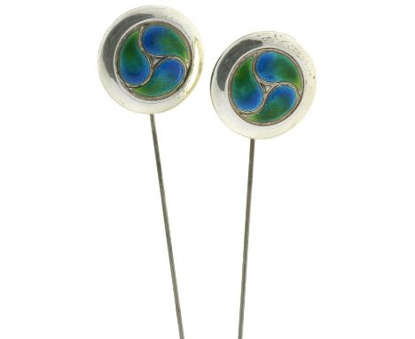 TWO ARTS AND CRAFTS GUILLOCHE ENAMEL AND SILVER HAT PINS, BY ARTHUR JOHNSON SMITH, BIRMINGHAM 1909 