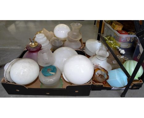 A COLLECTION OF WHITE GLASS OIL LAMP AND OTHER&nbsp; LIGHT SHADES 