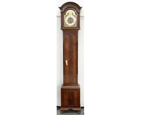 A MAHOGANY DWARF LONGCASE CLOCK, THE BRASS AND SILVERED DIAL INSCRIBED TEMPUS FUGIT,&nbsp; CHIMING ON FIVE ROD GONGS, 179CM H