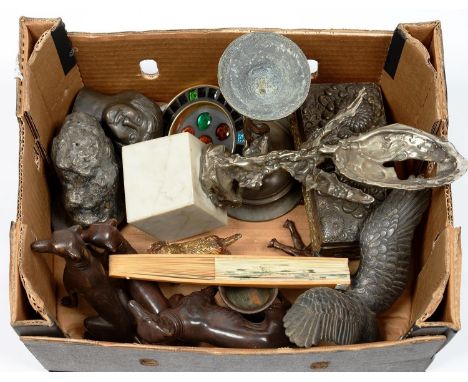 A QUANTITY OF SOUTH EAST ASIAN AND OTHER PLATED OR PATINATED METAL SCULPTURES, VARIOUS SUBJECTS AND SIZES AND A JAPANESE SILV