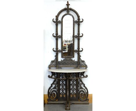 A VICTORIAN STYLE WROUGHT IRON MIRROR BACKED HALL STAND WITH MARBLE SHELF, 207CM H X 81CM W 