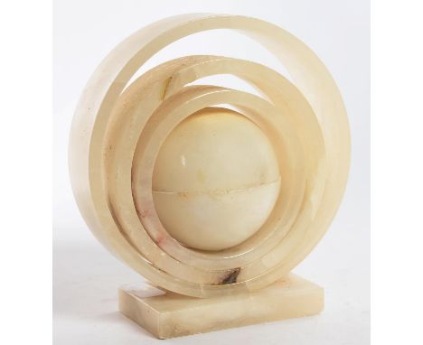 A 1930'S TURNED ALABASTER 'PLANET AND RINGS' TABLE LAMP, 22CM H 
