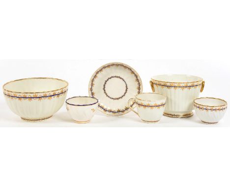A DERBY FLUTED BLUE AND GILT PART TEA SERVICE AND FURTHER TEA BOWL, SUCREE 9.5CM H, PUCE PAINTED MARK, LATE 18TH C 