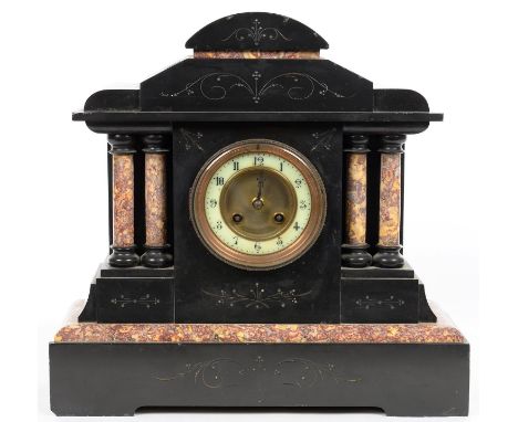A FRENCH SLATE AND MARBLE CLASSICAL TEMPLE FORM MANTEL CLOCK WITH PRIMROSE ENAMEL CHAPTER RING, 37CM H, CIRCA LATE 19TH C 