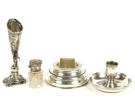 A FRENCH SILVER MINIATURE VASE, 11 CM H, LATE 19TH C, AN EDWARD VII SILVER MOUNTED GLASS SCENT BOTTLE, WITH STOPPER, 5 CM H, 