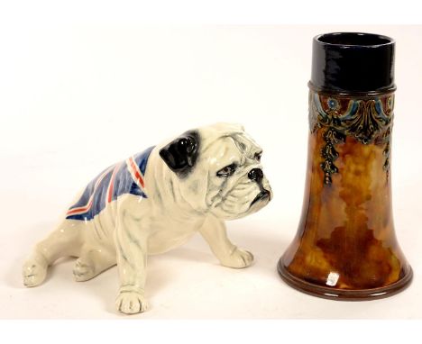 A DOULTON WARE CYLINDRICAL VASE, 18CM H, IMPRESSED MARK, INCISED ARTIST'S INITIALS AND A CARLTON WARE MODEL OF A BULL DOG DRA