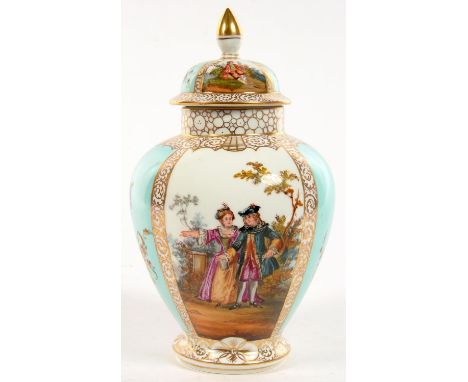 A GERMAN PORCELAIN JAR AND COVER, PAINTED WITH ALTERNATE PANELS OF 18TH C LOVERS AND FLOWERS ON A TURQUOISE GROUND, 30CM H, P