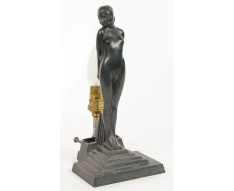 AN ART DECO SPELTER NUDE WOMAN FIGURAL LAMP ON STEPPED RECTANGULAR PLINTH, 26CM H, 1930'S&nbsp; 