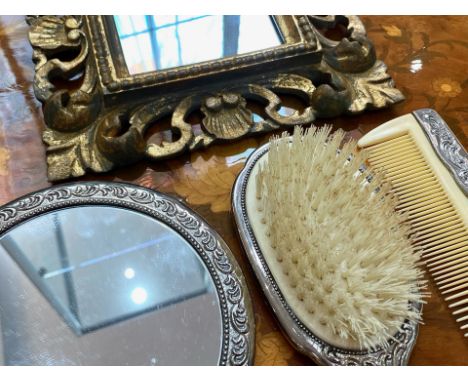 Silver Plated Dressing Table Set, comprising hairbrush, mirror and comb, with ornate design of flowers and foliage. Together 