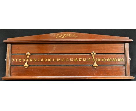 An early 20th century mahogany snooker score board, by E J Riley Limited, Accrington, the scale inscribed in gilt, sliding se