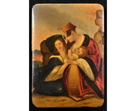 A 19th century rounded rectangular papier-mâché snuff box, the cover decorated with a grieving family, hinged cover, 8.5cm wi