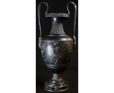 A late 19th century mantel vase, in the Grand Tour taste and after an Ancient Greek nestoris, in relief with figures, the lof