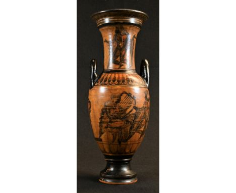 A Grand Tour type loutrophorus vase, after the ancient Greek and painted in the Attic manner, 30.5cm high, 