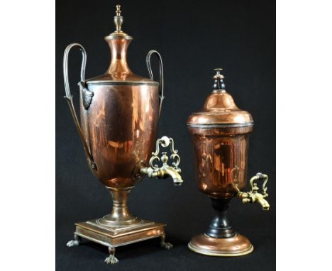 A late George III Neoclassical copper pedestal tea urn, reeded twin-handles with leaf bosses, domed cover with urnular finial